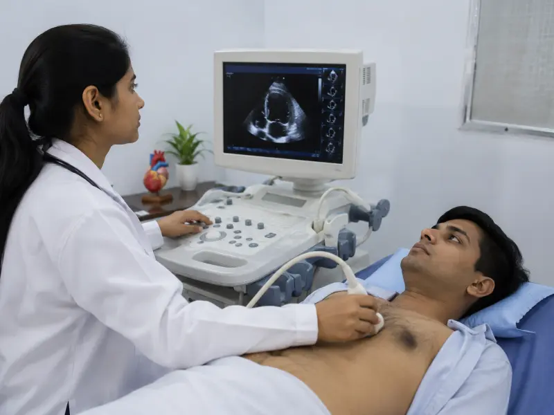 Advanced 2D Echo Test cardiac ultrasound equipment showing heart imaging at Henotic Diagnostics