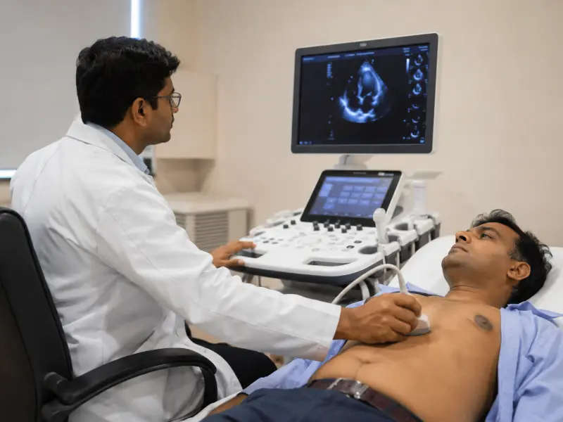 2D Echo Test with Colour Doppler showing blood flow analysis at Henotic Diagnostics cardiac suite