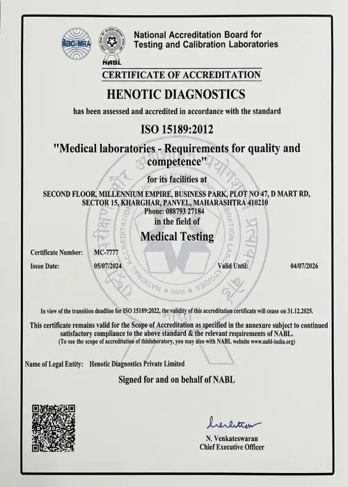 NABL accreditation certificate issued to Henotic Diagnostics