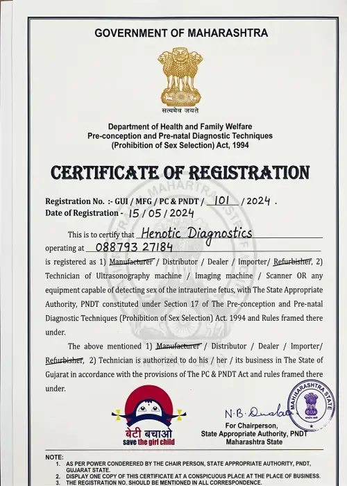 PCPNDT compliance certificate issued to Henotic Diagnostics