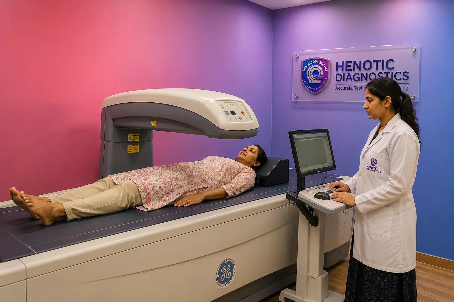 Indian patient receiving DEXA scan preparation guidance for a bone density test