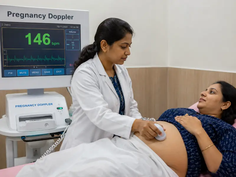 Obstetric color Doppler ultrasound showing pregnancy blood flow scan for mother and baby