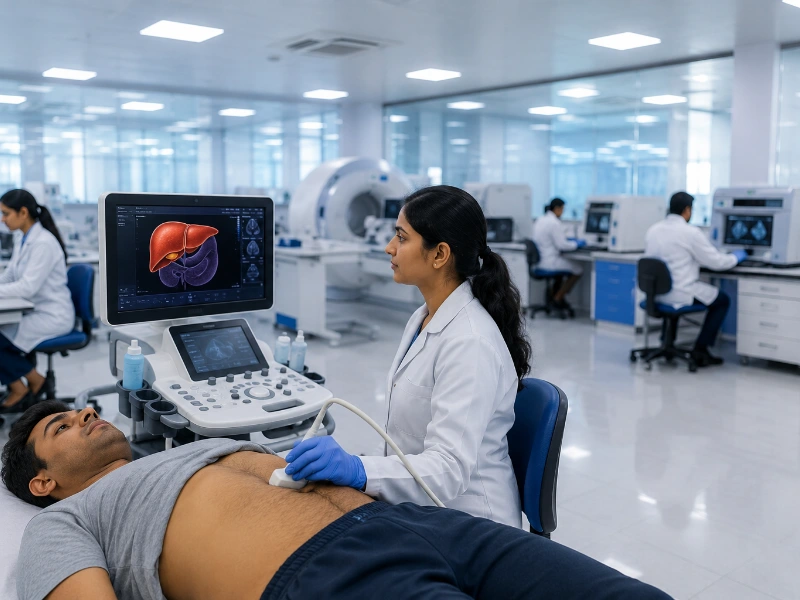 Advanced non-invasive transient elastography workstation performing a high-precision fatty liver assessment scan to grade steatosis and fibrosis