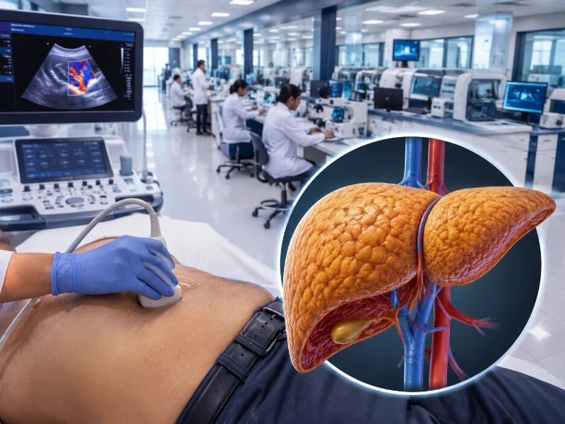 Advanced non-invasive transient elastography system performing a high-precision fatty liver scan to quantify hepatic fat and stiffness