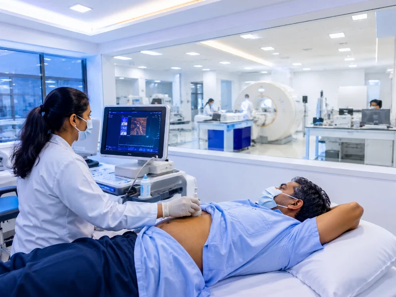 Advanced transient elastography system performing a non-invasive Fibroscan test to evaluate liver stiffness and fatty changes
