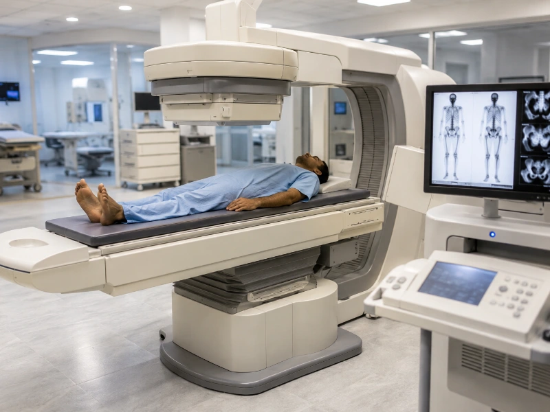 Advanced medical gamma camera performing a specialized whole-body bone scintigraphy scan