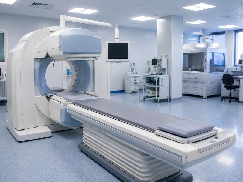 Advanced nuclear medicine gamma camera performing a dynamic renal DTPA scan to map kidney function and blood flow