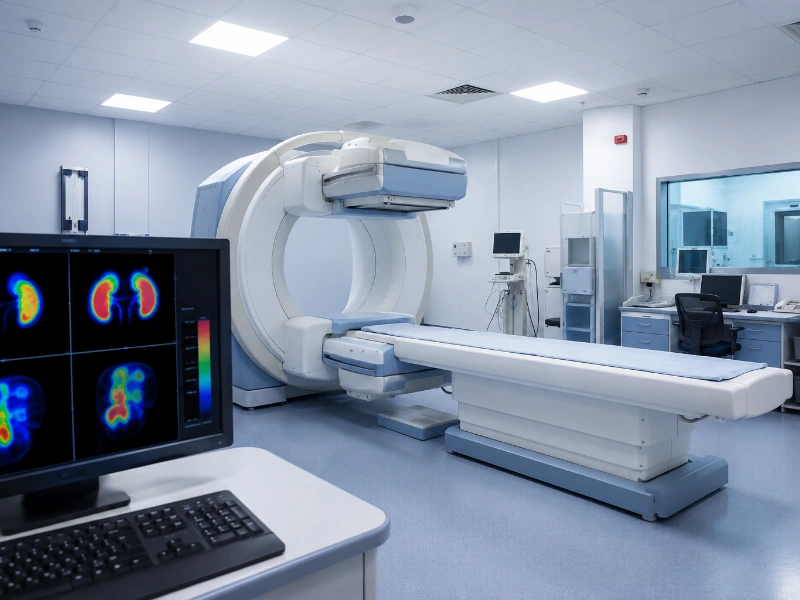 Advanced nuclear medicine gamma camera performing a high-precision EC renal scan to evaluate split kidney tubular function and drainage