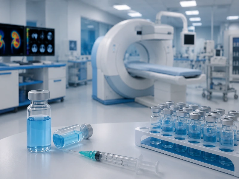 Advanced nuclear medicine gamma camera workstation performing a high-precision GFR test scan to calculate absolute split kidney filtration values