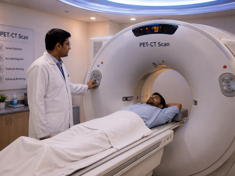 Advanced multi-slice PET-CT scan integrated machine performing high-precision molecular imaging for oncological staging and metabolic tracking