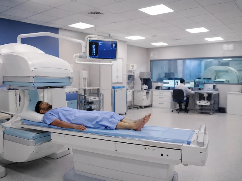 Advanced nuclear medicine gamma camera workstation performing a high-precision renal function scan to measure split GFR and excretion pathways
