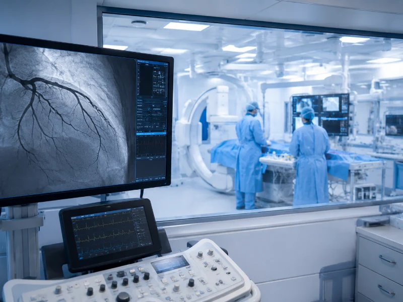 Advanced cardiac catheterization laboratory setup performing a high-precision coronary angiography to visualize heart artery blood flow