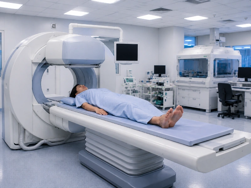 Advanced nuclear medicine gamma camera performing a dynamic renal EC scan to map renal plasma flow and tubular function