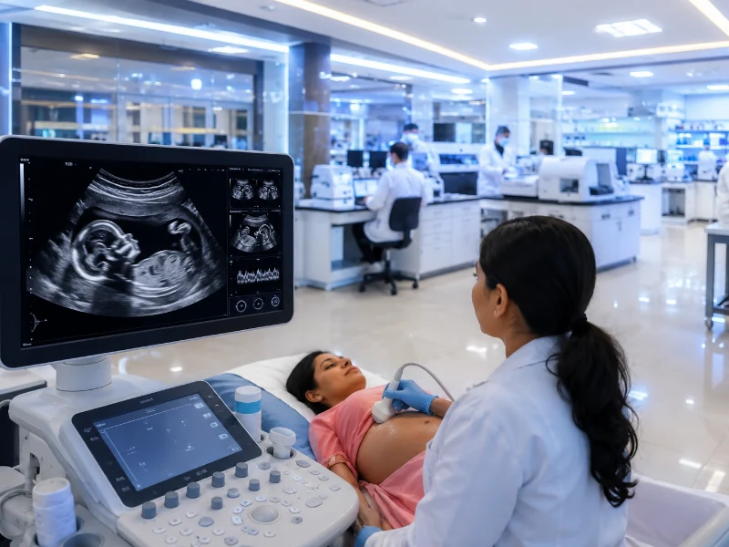 Advanced maternal-fetal medicine ultrasound system performing a high-precision fetal BPP scan to evaluate biophysical profile parameters and baby wellness