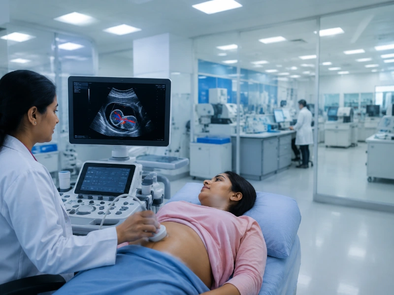 Advanced maternal-fetal medicine ultrasound workstation performing a high-precision fetal doppler study to map umbilical artery blood flow waveforms