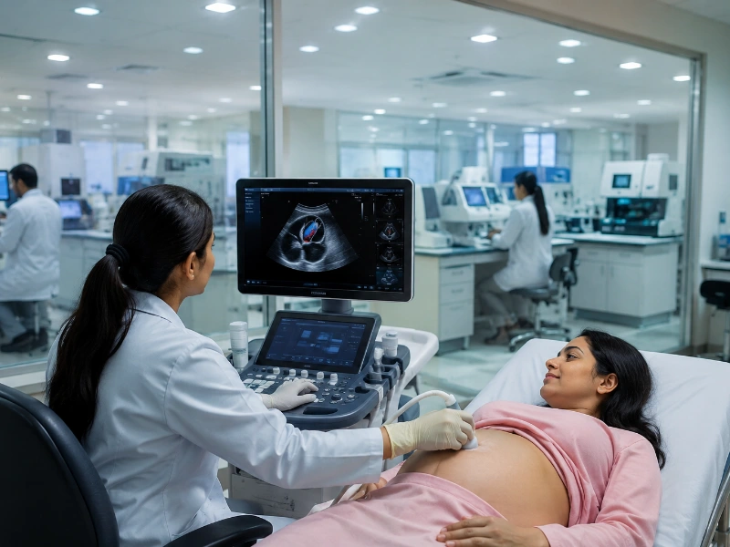 Advanced maternal-fetal medicine ultrasound system performing a high-precision fetal echo scan to map the fetal heart structural anatomy