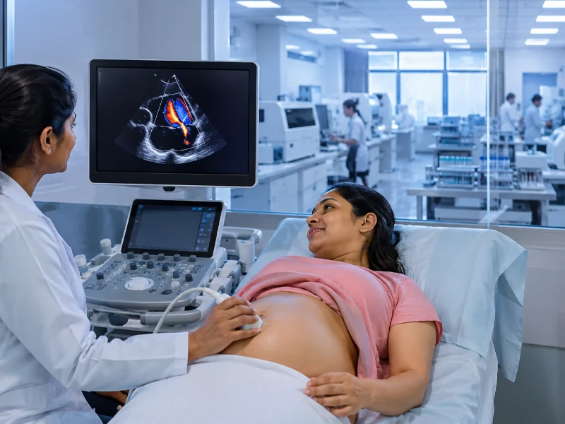 Advanced maternal-fetal medicine ultrasound system performing a high-precision fetal echocardiography scan to map the fetal heart structural anatomy