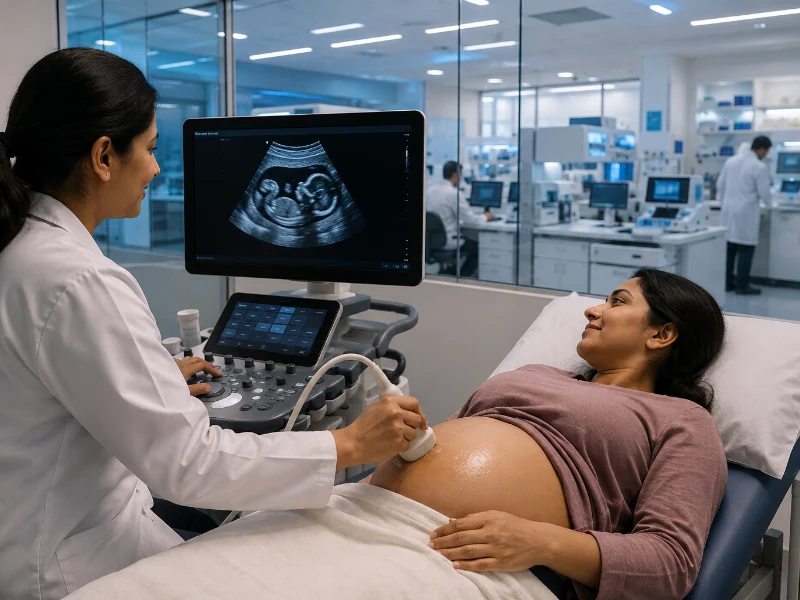 Advanced maternal-fetal medicine ultrasound system performing a high-precision high-risk pregnancy scan to monitor fetal growth restrictions and maternal-fetal blood flow indices