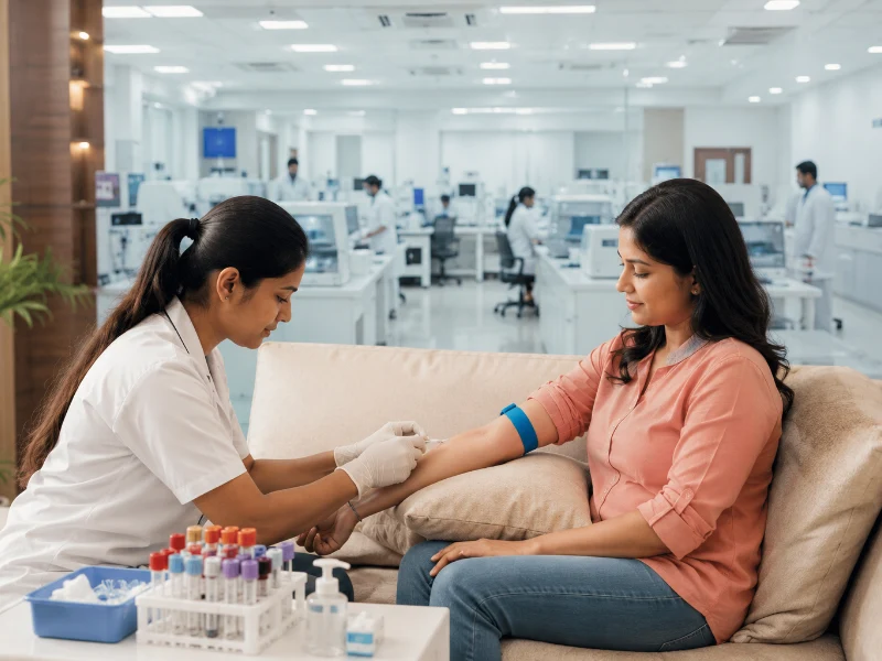 Certified phlebotomist performing sterile home blood collection service for a patient