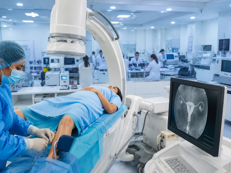 Advanced fluoroscopic X-ray imaging system performing a high-precision HSG test to assess fallopian tube patency and uterine anatomy