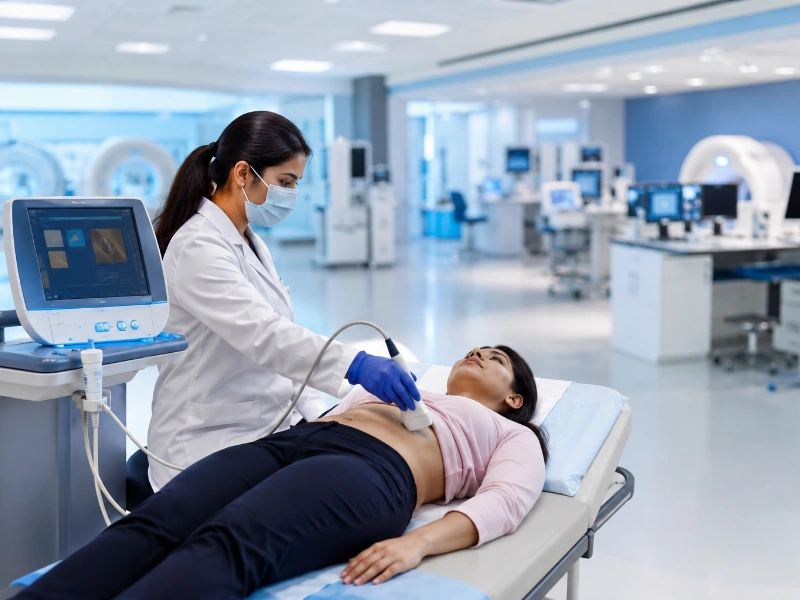 Advanced transient elastography system performing a non-invasive Liver Fibroscan to evaluate liver stiffness and fatty changes