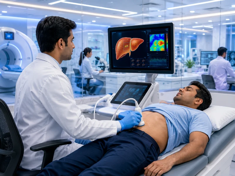 Advanced transient elastography workstation performing a high-precision non-invasive liver stiffness test to evaluate tissue fibrosis