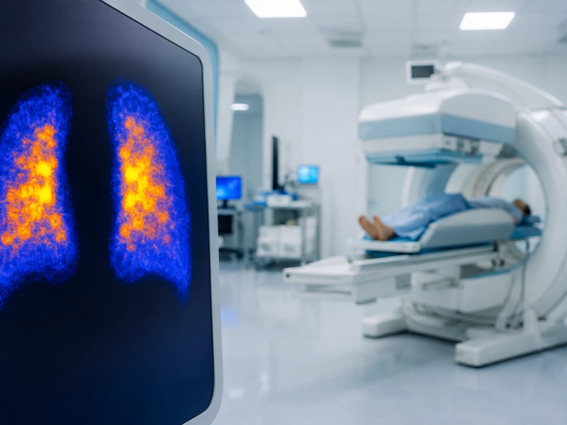 Advanced nuclear medicine SPECT-CT setup performing a high-precision lung perfusion scan to evaluate pulmonary blood flow