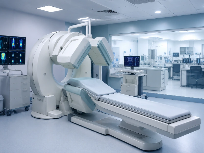 Advanced nuclear medicine gamma camera performing a dynamic renal MAG3 scan to map kidney function and urinary tract clearance