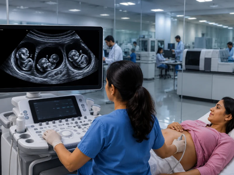 Advanced maternal-fetal medicine ultrasound system performing a high-precision multiple pregnancy scan to map multi-fetal twins and triplets development