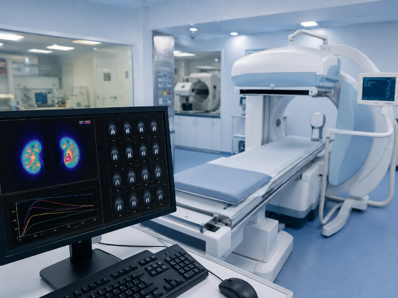 Advanced nuclear medicine gamma camera performing a high-precision renal scan to evaluate split kidney function and urinary drainage