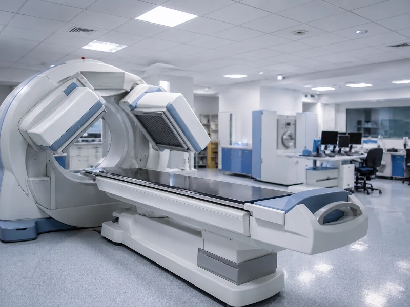 Advanced nuclear medicine SPECT scanner rotating around a patient to capture high-resolution 3D metabolic functional images