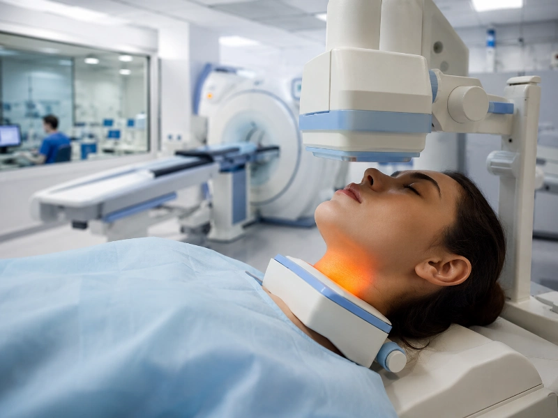 Advanced nuclear medicine gamma camera performing a high-precision thyroid scan for endocrine tissue function assessment