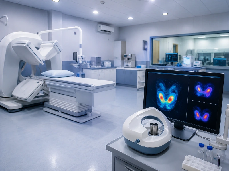 Advanced nuclear medicine gamma camera performing high-resolution thyroid scintigraphy imaging of the neck