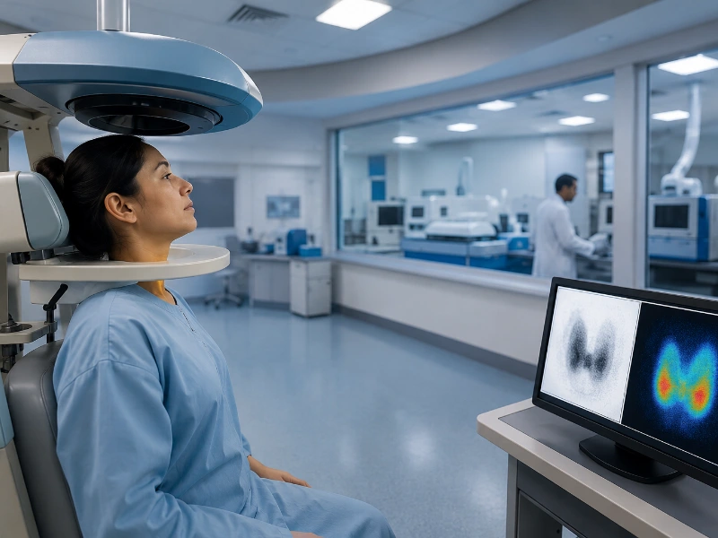 Advanced nuclear medicine thyroid probe system performing a high-precision thyroid uptake scan for metabolic clearance mapping