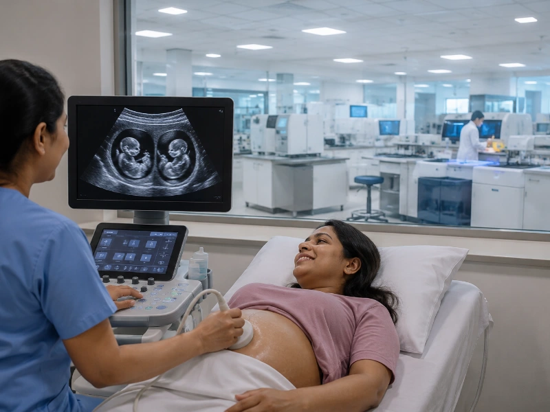 Advanced maternal-fetal medicine ultrasound system performing a high-precision twin pregnancy scan to map multi-fetal development