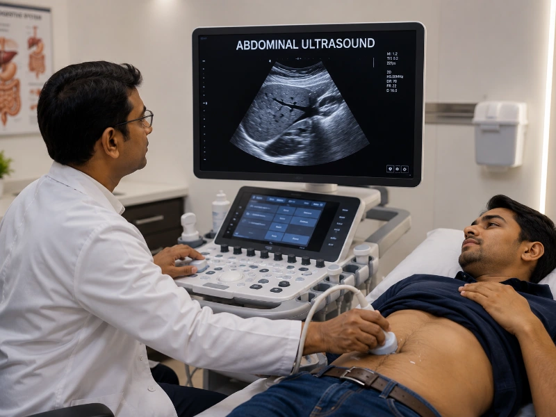 Professional abdominal ultrasound imaging at Henotic Diagnostics Kharghar