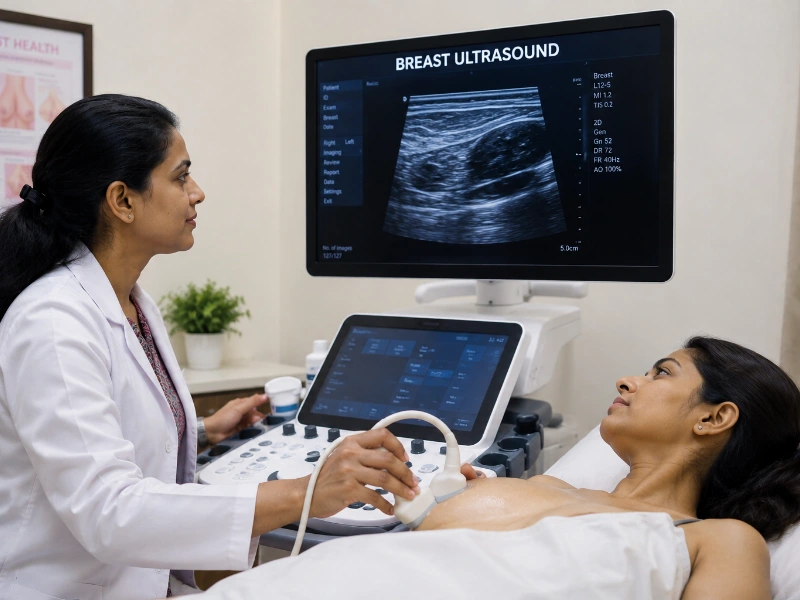 Professional breast ultrasound session at Henotic Diagnostics Kharghar