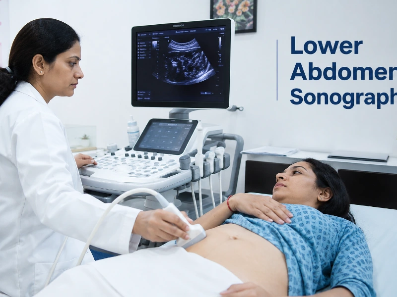 Advanced high-resolution medical sonography workstation performing a high-precision lower abdomen sonography scan to evaluate pelvic structures, bladder capacity, and internal organ tissue cross sections