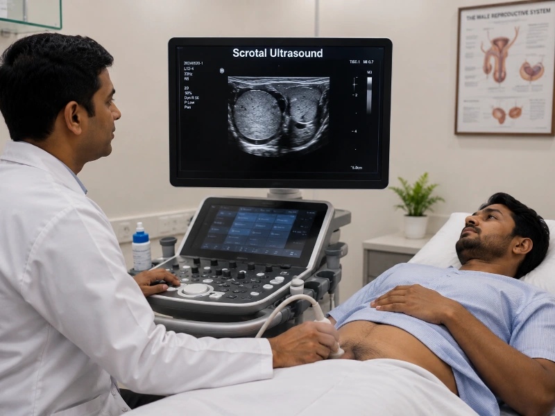 Professional scrotal ultrasound imaging at Henotic Diagnostics Kharghar