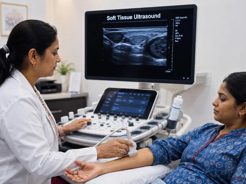 Professional ultrasound imaging session for soft tissue assessment at Henotic Diagnostics Kharghar