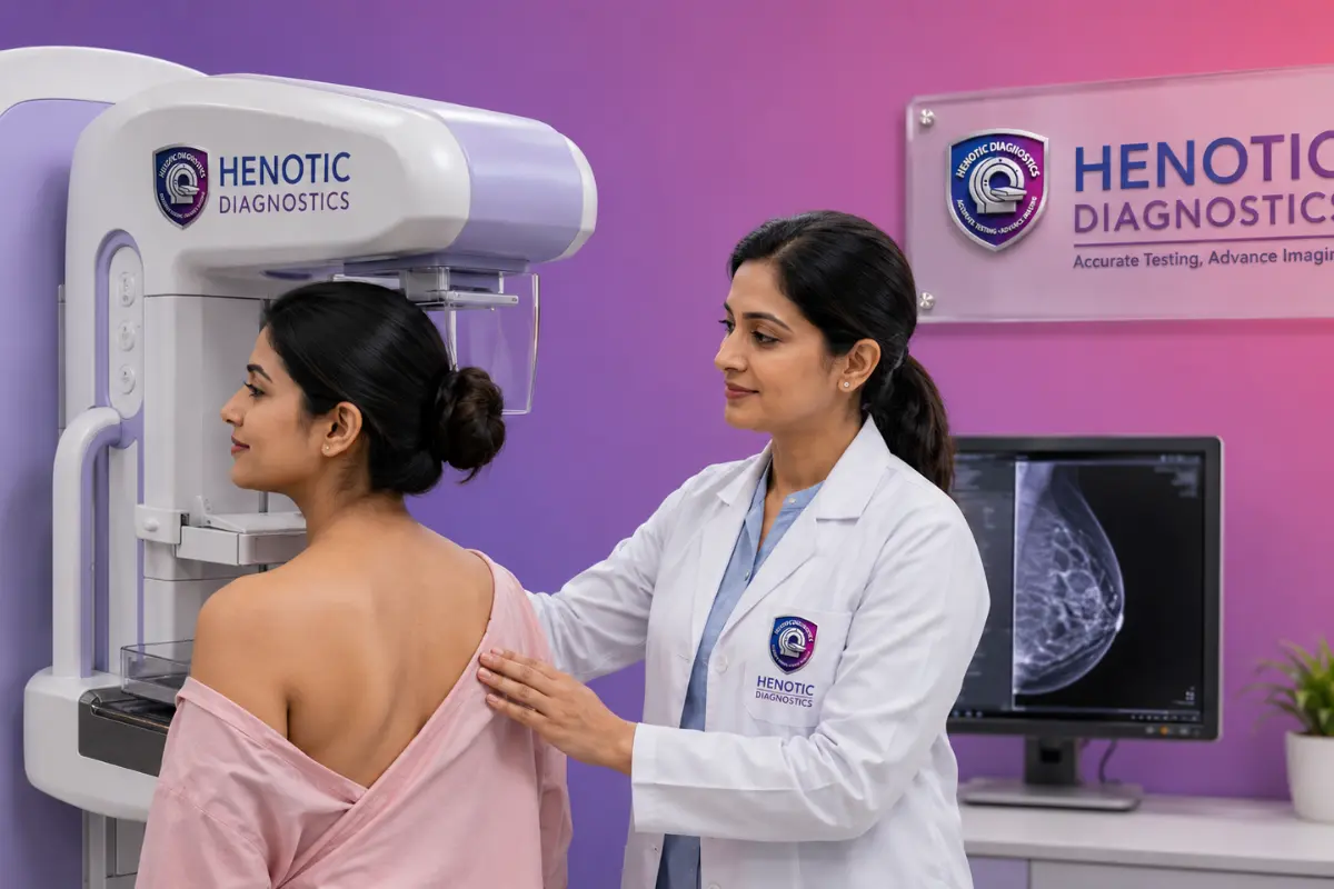 Female technologist safely positioning a patient for a 3D digital mammography scan