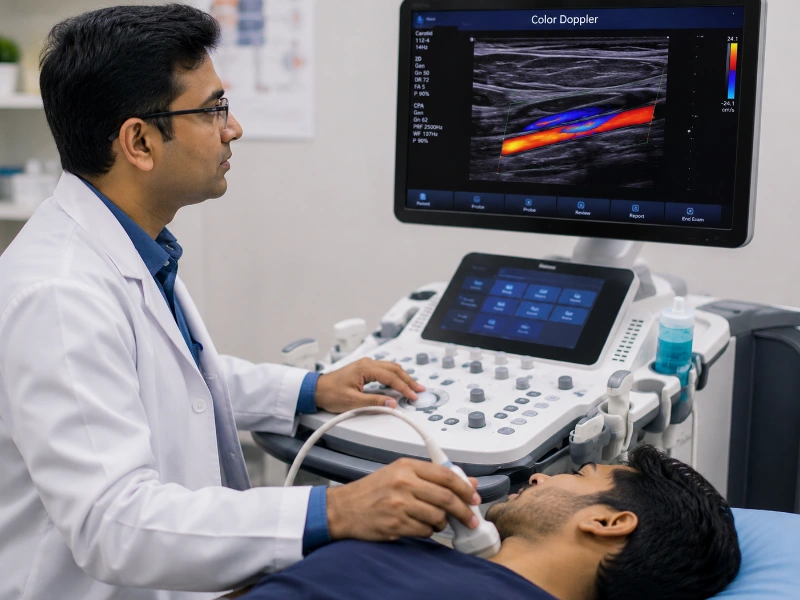 Professional Radiologist performing color doppler ultrasound scan at Henotic Diagnostics Kharghar