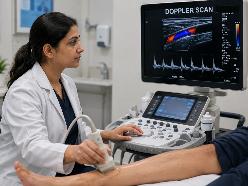 Professional Radiologist performing a doppler scan at Henotic Diagnostics Kharghar