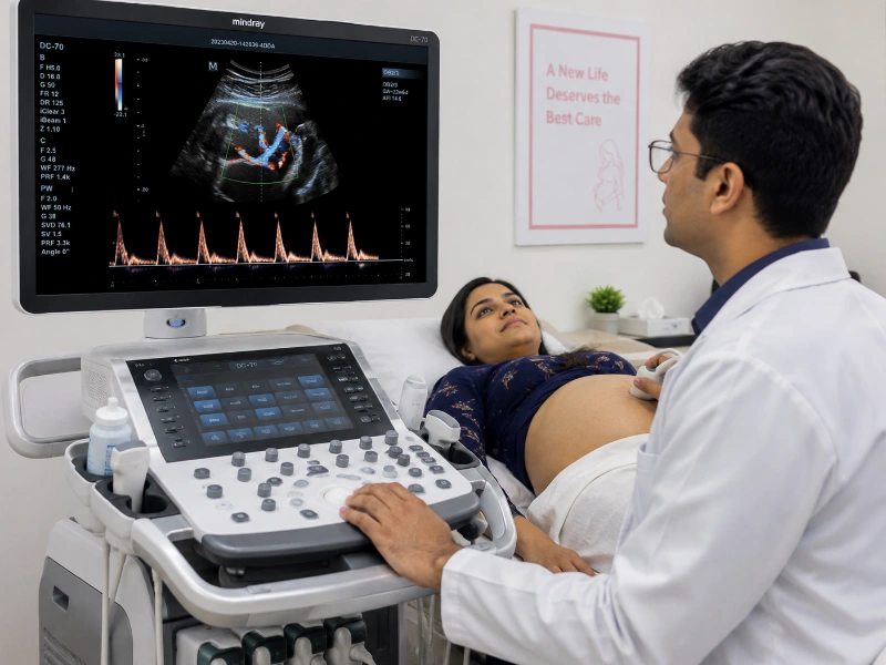 Professional Radiologist performing obstetric doppler ultrasound scan at Henotic Diagnostics Kharghar