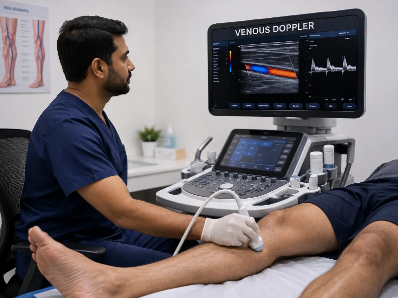 Professional Radiologist performing venous doppler ultrasound scan at Henotic Diagnostics Kharghar